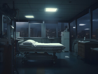 Bed in the middle of a hospital room