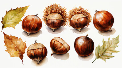 watercolor drawings set of chestnuts and leaf isolated on a white background