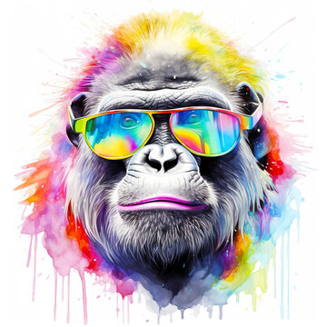 Cartoon colorful monkey, gorilla with sunglasses on white background.