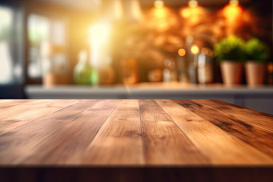 Wood table top on blurred kitchen background, high quality photo