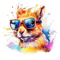 Fototapeta premium Cartoon colorful squirrel with sunglasses on white background.