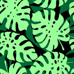 tropical leaves seamless black and green pattern, texture, background