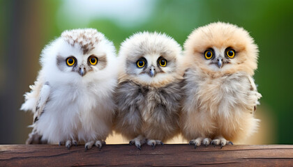 Three baby owls sitting on a branch. The owls are white and fluffy with big round eyes, and are facing the camera and sitting close together
