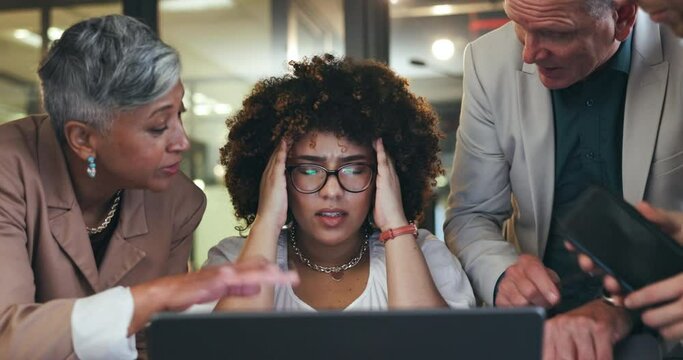 Stress, multitasking and woman with headache, business and team pressure with chaos, workflow and fatigue in office. Crisis, fail and corporate employee with anxiety, mistake and migraine with audit