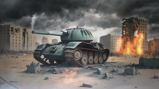 Tanks and world war atmosphere is terrible, buildings are damaged and burning. Cartoon or anime illustration style. seamless looping 4K time-lapse virtual video animation background..