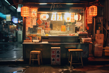 A small food stall on a street at night. The stall is lit up with orange lanterns. The stall has a counter with a glass display case and a few stools for customers to sit on - Powered by Adobe