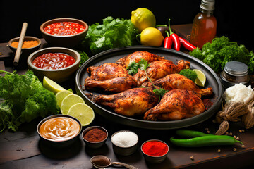 tandoori chicken splashed with sauce, surrounded by limes, vegetables and various sauces on a black background - obrazy, fototapety, plakaty