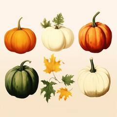 watercolor drawings of pumpkin and sunflower with flower arrangements isolated on a white background, in the style of detailed botanical illustrations, green and amber, scientific illustrations, wallp