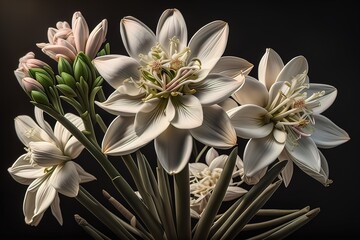 Bouquet of snowdrops on a black background. Studio photography. ai genrative