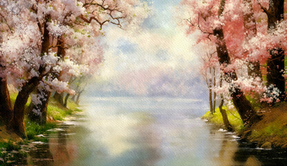 Spring in the park. Magical watercolor landscape with trees blooming on the river bank, bright colors, splashes of paint - 630899262