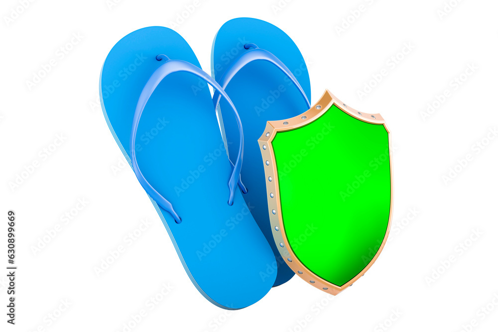 Poster blue flip-flops with shield, 3d rendering