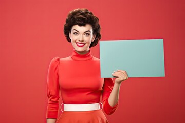 1950s Retro Housewife Holding a Blank Sign with Copy Space 