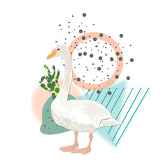 white goose and abstract figures in the background