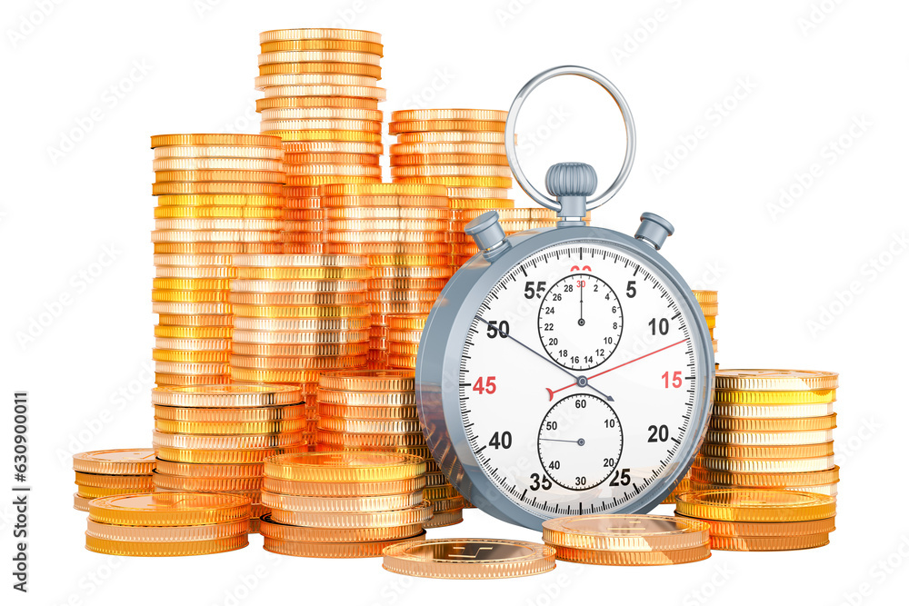 Poster golden coins with stopwatch, 3d rendering isolated on transparent background