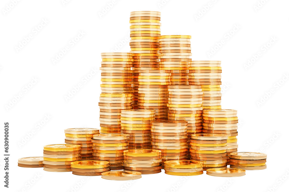 Poster stack of golden coins, 3d rendering isolated on transparent background