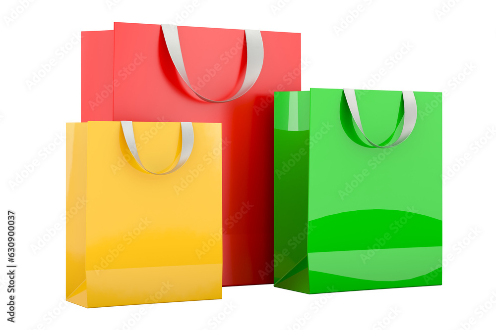 Poster colored shopping bags, 3d rendering isolated on transparent background