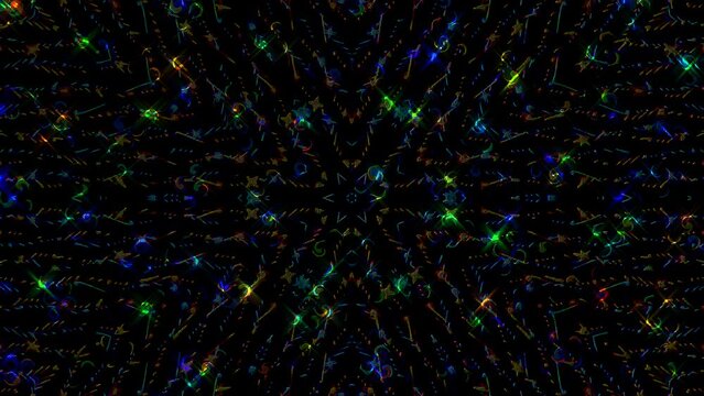 Animated 3D abstract.Curved lines and colorful light points black background,seamless circle	