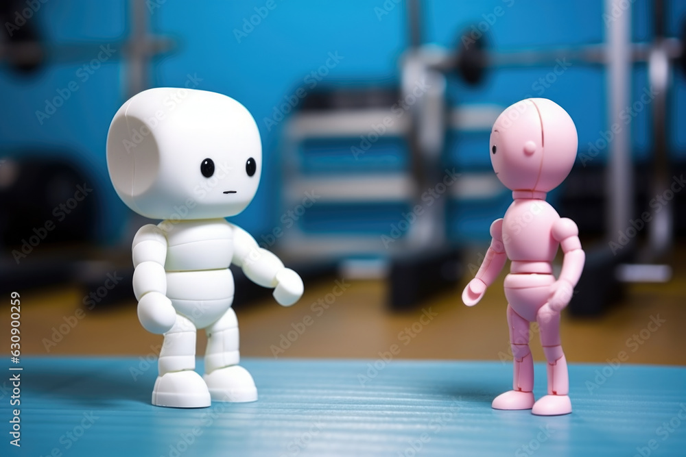 Poster two toy robots standing in front of each other in a gym setting. fitness and exercise concepts, and 
