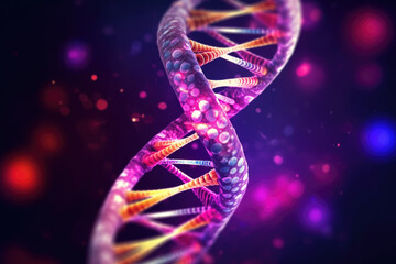 Intricate and abstract representation of DNA structure set against dark background. Scientific and genetics is ideal for science and research visuals.