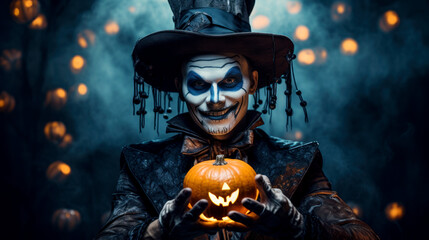 Happy Helloween, a vampire and horror clown celebrates Halloween with pumpkin - obrazy, fototapety, plakaty