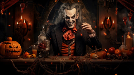 Fototapeta na wymiar Happy Helloween, a vampire celebrates Halloween with pumpkins