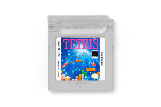 Vintage Game Boy Video Game Cartridge Tetris for portable classic gaming Isolated with transparent shadow