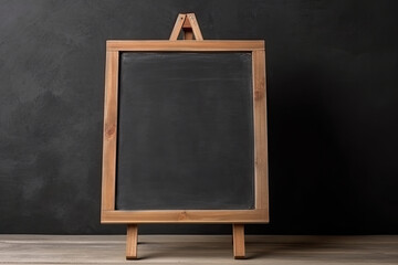 Blank wooden chalkboard mockup style on a black wall background.