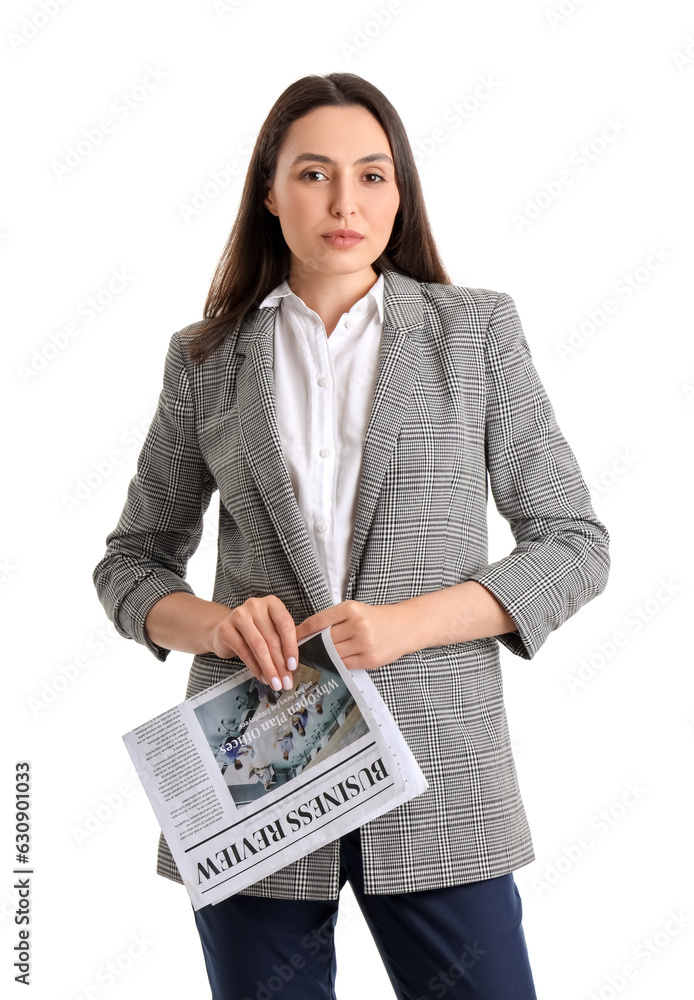 Canvas Prints Young woman in stylish suit with newspaper on white background