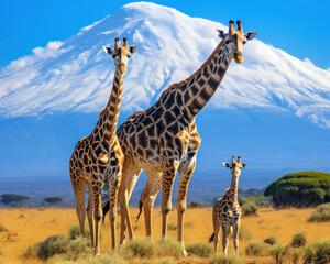 Giraffe on savannah with Mount Kilimanjaro in the background