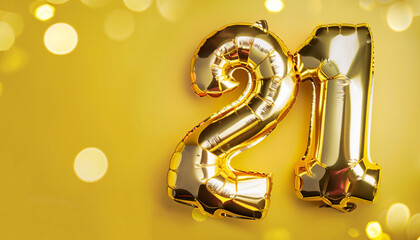 Banner with number 21 golden balloons with copy space. Twenty-one years anniversary celebration...