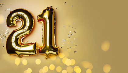 Banner with number 21 golden balloons with copy space. Twenty-one years anniversary celebration...