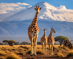 Giraffe on savannah with Mount Kilimanjaro in the background