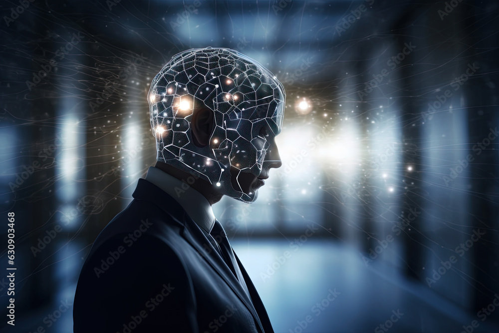 Poster thoughtful businessman with glow abstract brain structure. futuristic potrait of man with glowing li