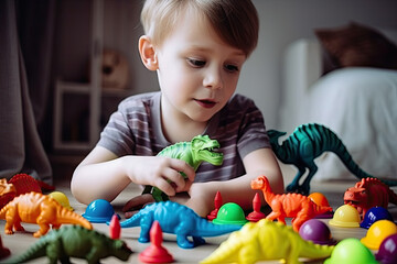 Boy plays with plastic toy dinosaur and colorful pebbles on the floor in the living room