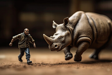 Miniature people figurine of man runs away from an enraged attacking rhino outdoors - obrazy, fototapety, plakaty