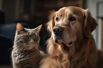 Golden retriever and a cat lie side by side at home