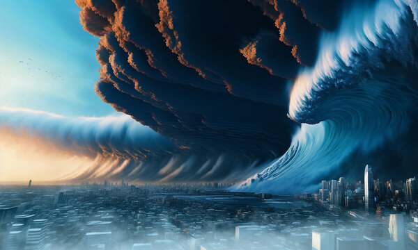 sea tornadoes with giant smoke over flood ruined city. generative ai