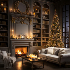 Beautiful interior with Christmas tree, fireplace and candles decoration