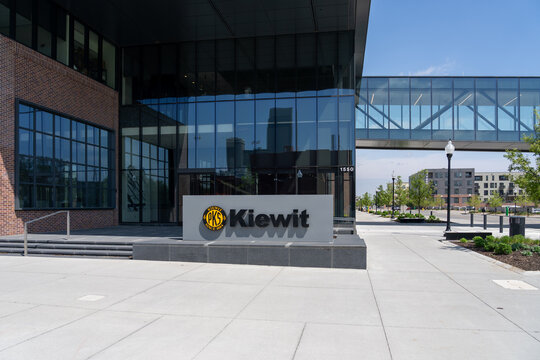 Omaha, NE, USA - May 7, 2023: Kiewit sign on its headquarters building in Omaha, NE, USA. Kiewit Corporation is an American privately held construction company. 