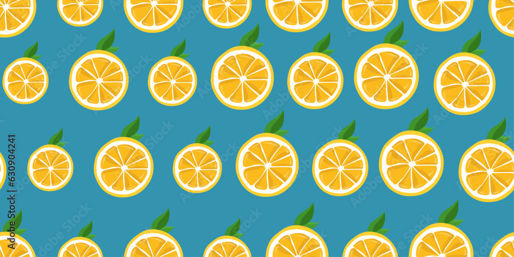Poster Seamless pattern with juicy and fresh orange slices. Realistic slices, seamless vector. Pattern for textiles, pillows, clothes, background, packaging, notepads. Seamless and stylish.