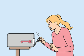 Woman with smile opens street mailbox with letters and rejoices in receiving correspondence or long-term contract. Happy girl near mailbox for important letters for friends and family