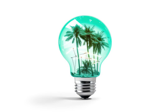 Glass electric light bulb with miniature tropical palm trees inside isolated on flat white background with copy space. Creative concept good idea to go on vacation. 3d render illustration style.