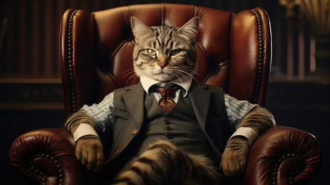 Cat boss businessman sitiing in vintage leather chair. Funny pet concept