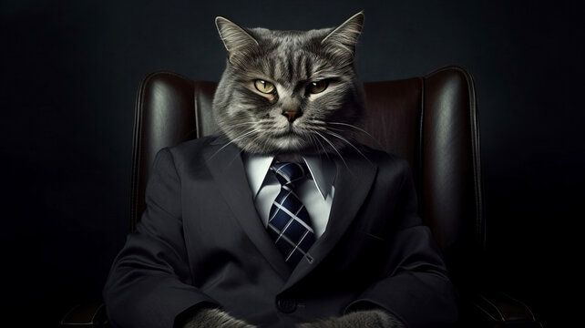 Cat boss businessman wearing business suit sitiing in black leather chair. Funny pet concept