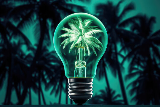 Glass electric light bulb with miniature tropical palm trees inside. Creative concept good idea to go on vacation. 3d render illustration style.