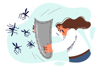 Maliary mosquitoes attack woman with shield, protect from bites of blood-sucking insects
