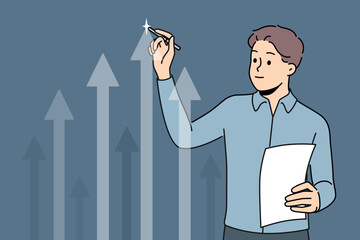 Businessman draws up arrow on virtual screen analyzing growth from company investment. Successful businessman demonstrating digital graph of fluctuation in profit or increase in number of buyers