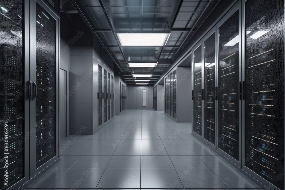 Poster a long hallway of a modern data center showcases the importance of secure and reliable information s