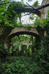 Old ruins of historical building overgrown by vegetation green post-apocalyptic concept