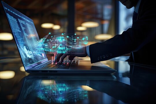 Man programmer using laptop analyzing information on futuristic virtual interface screen.Artificial intelligence concept
